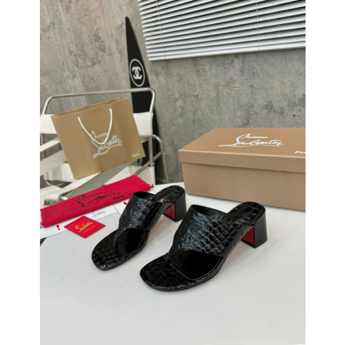Christian Louboutin Black Croc‑Embossed 70mm Block Heel Thong Mule Sandals