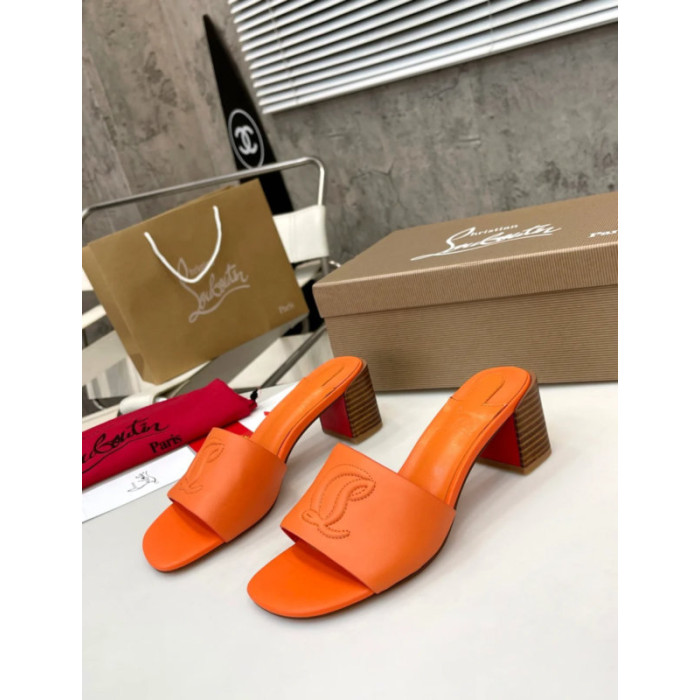 Christian Louboutin Orange Leather 55mm heel Block Heel Slide Sandal