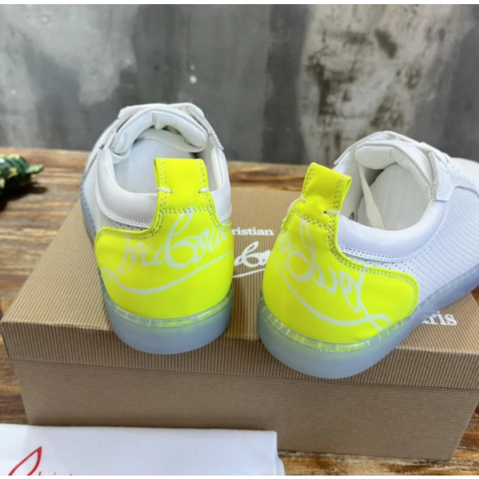Christian Louboutin White Perforated Leather Fluorescent‑Yellow Accent Low‑Top Sneakers