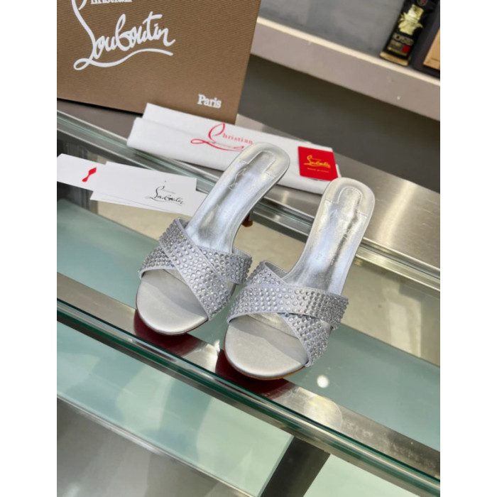 Christian Louboutin Silver Crystal Crisscross Mule Slide Sandal 100mm heel