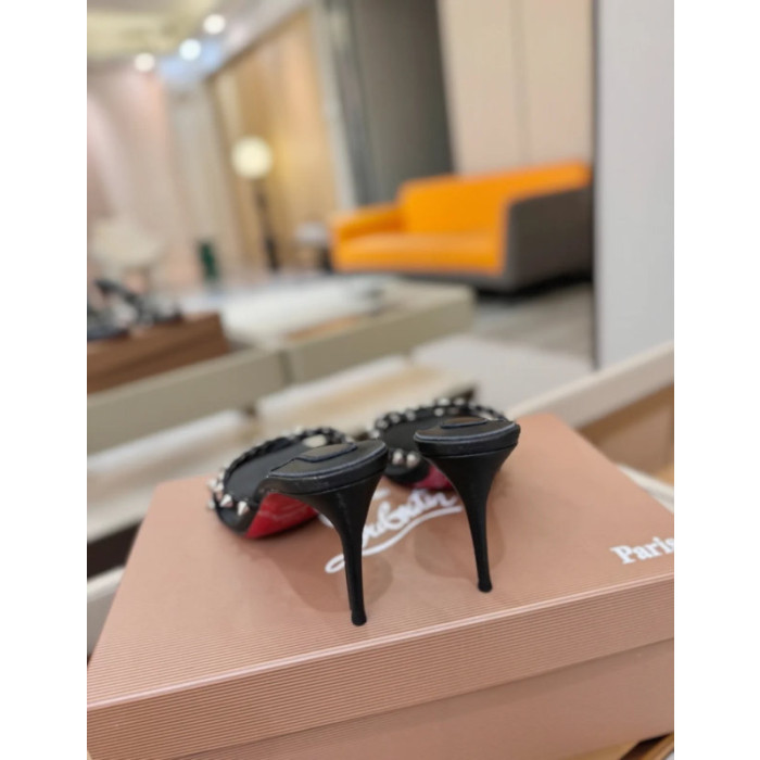 Christian Louboutin Black Nappa Leather 100mm heel Silver‑Spiked Mule High‑Heel Sandals