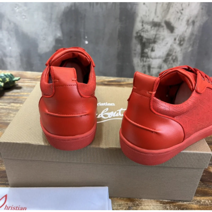 Christian Louboutin Red Perforated Leather Red‑Spiked Low‑Top Sneakers