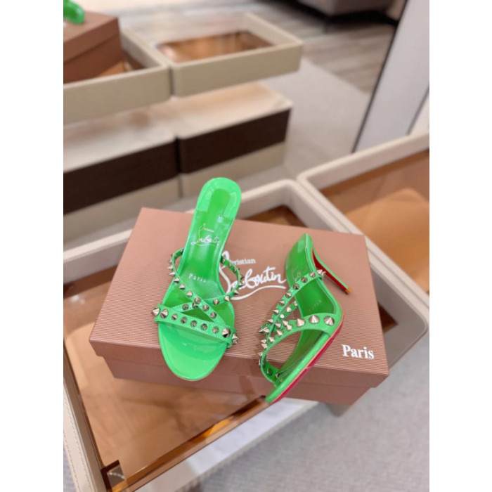 Christian Louboutin Green Patent Leather 100mm heel Silver‑Spiked Mule High‑Heel Sandals