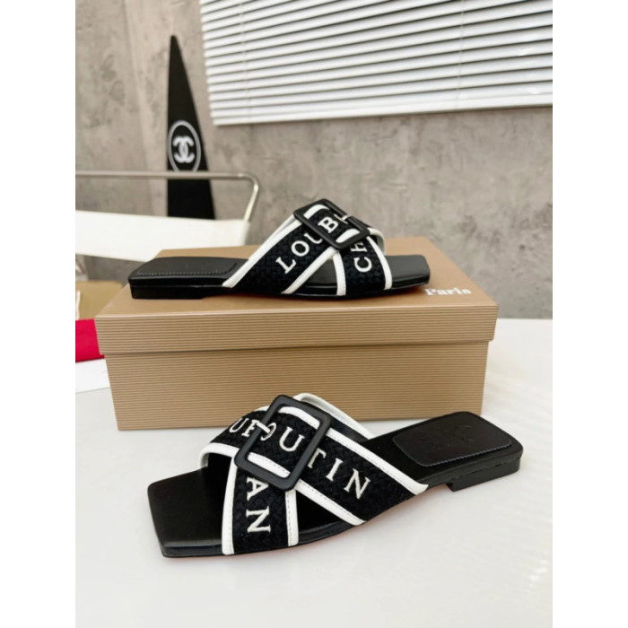 Christian Louboutin Black Woven Flat Slide Sandals