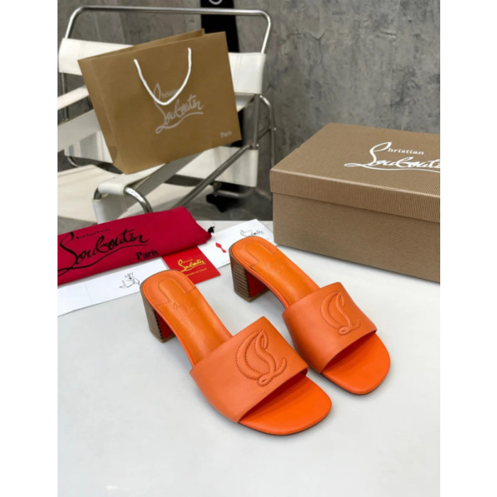 Christian Louboutin Orange Leather 55mm heel Block Heel Slide Sandal