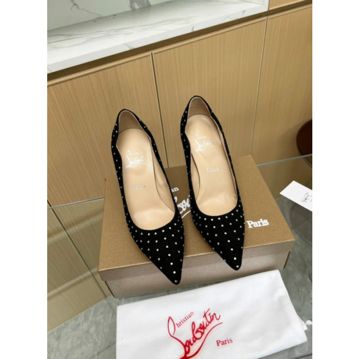 Christian Louboutin Black Suede Scalloped Crystal‑Dot 100mm heel Pump