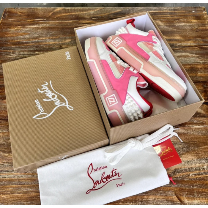 Christian Louboutin Pink White Mixed‑Media Spiked Low‑Top Sneakers