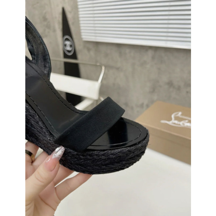 Christian Louboutin Black Fabric 120mm heel Wedge Ankle Tie Espadrille Sandal