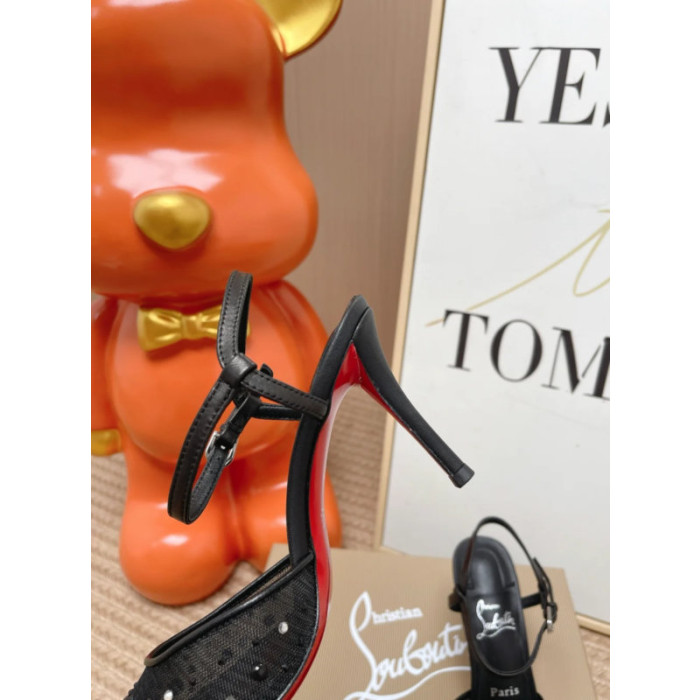 Christian Louboutin Black Mesh 80mm Apostropha Crystal‑Embellished Slingback Stiletto Heel Pumps