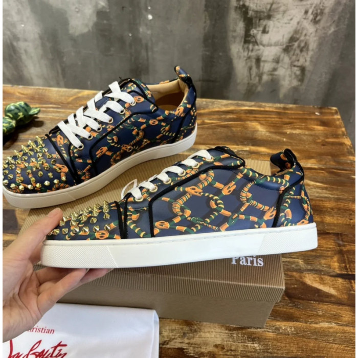 Christian Louboutin Navy Rope‑Print Gold‑Spiked Low‑Top Sneakers