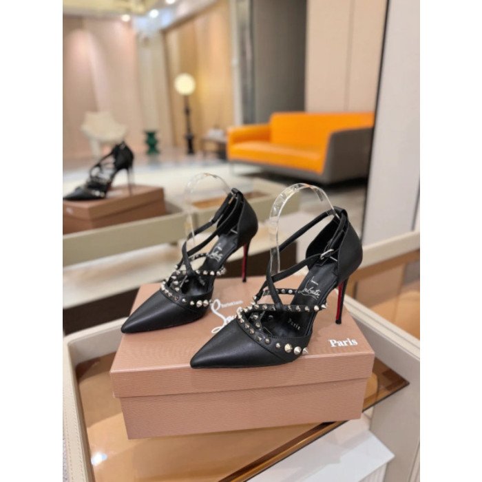 Christian Louboutin Black Leather Spiked Crisscross Strap Pointed‑Toe High‑Heel Pumps