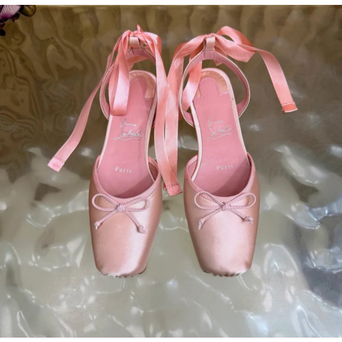 Christian Louboutin Pink Satin Bow Ankle‑Tie Slingback Ballet Flats