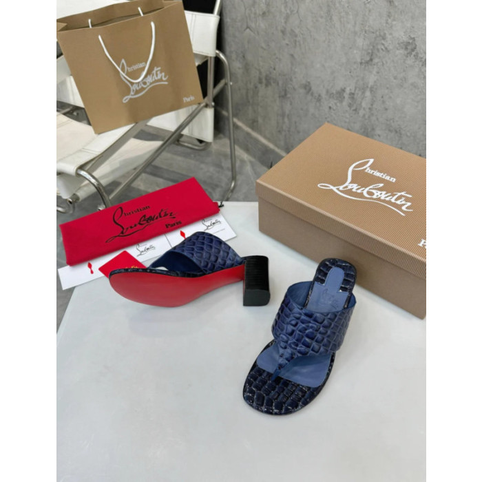 Christian Louboutin Navy Croc‑embossed Leather 55mm Block Heel Mule Sandal