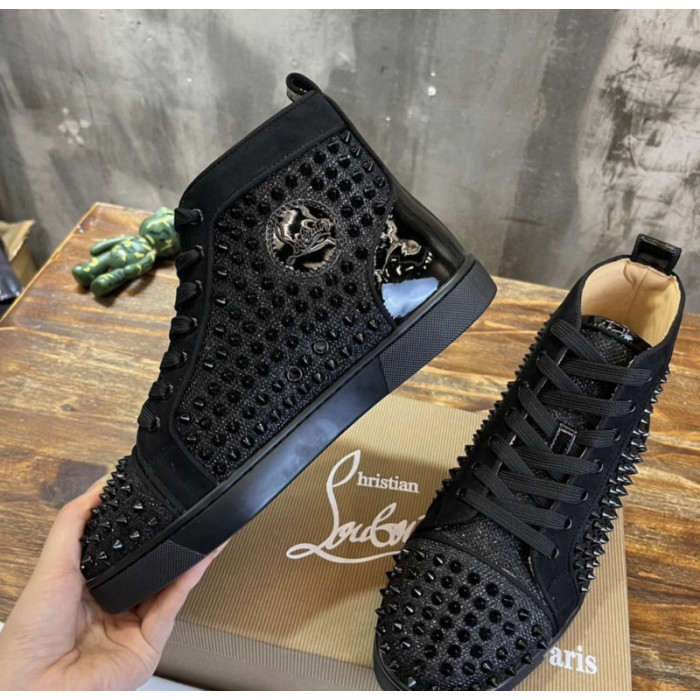 Christian Louboutin Black Glitter Spike‑Embellished High‑Top Sneakers