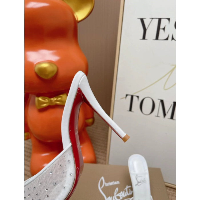 Christian Louboutin White Tulle Rhinestone‑Covered 100mm Stiletto Heel Backless Mules