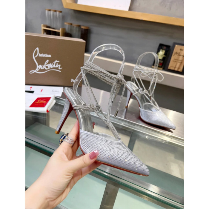 Christian Louboutin Silver Crystal Ankle Tie 100mm High Heel Pumps
