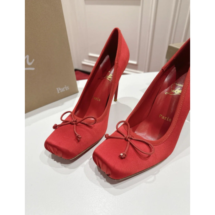 Christian Louboutin Red Satin Bow 100mm Square Toe Stiletto Pumps
