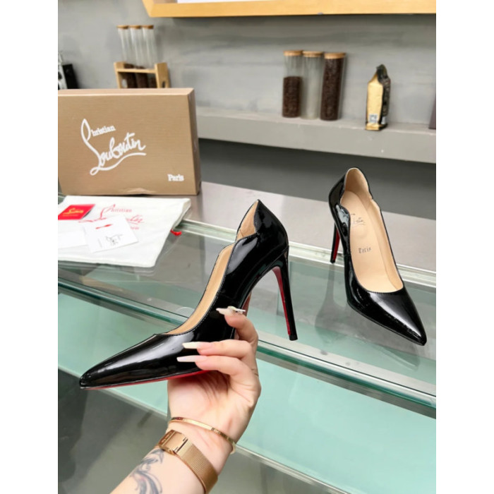 Christian Louboutin Black Patent Leather Scalloped Pointed‑Toe 100mm High Heel Pumps