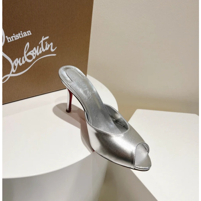 Christian Louboutin Silver Metallic Peep‑Toe Stiletto Heel Mules