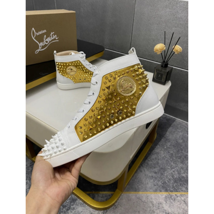 Christian Louboutin White Strass Rhinestone Spiked High‑Top Sneakers