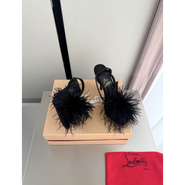 Christian Louboutin Black Feather 100mm Slingback Stiletto Sandals
