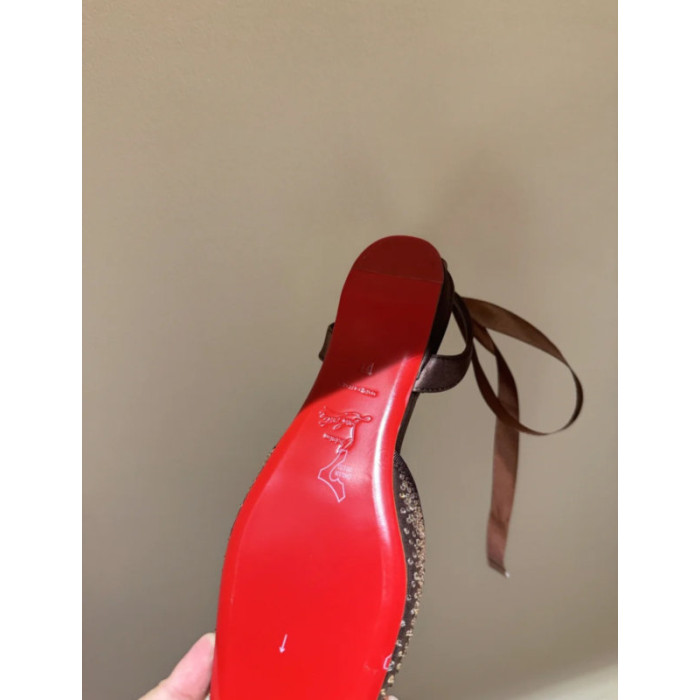 Christian Louboutin Bronze Satin Crystal Tie‑Ankle Ballet Flats