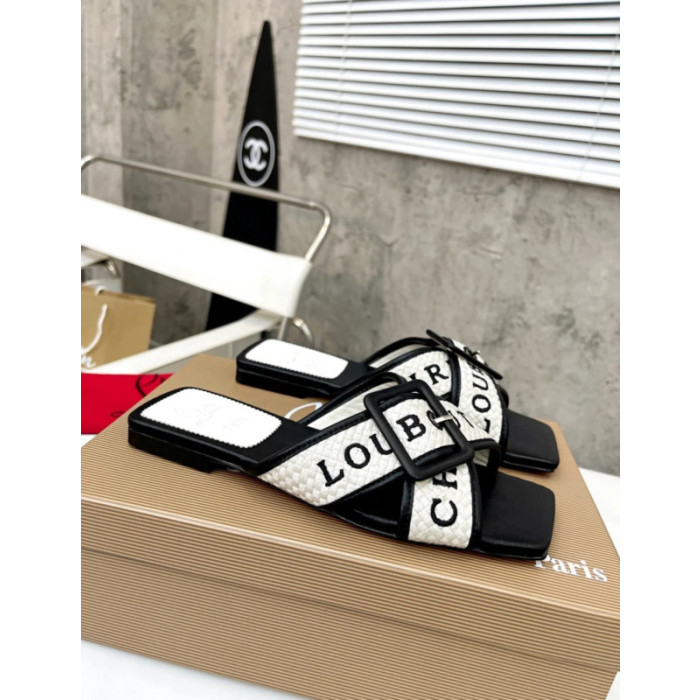 Christian Louboutin Black‑White Woven Flat Slide Sandals