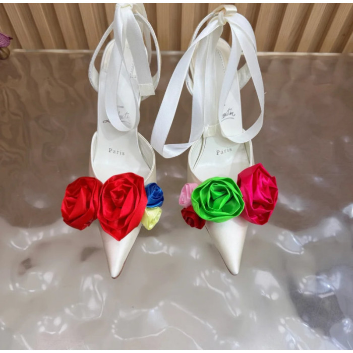 Christian Louboutin Ivory Satin Multicolor Rose Flower 100mm Stiletto Heel Slingback Pumps