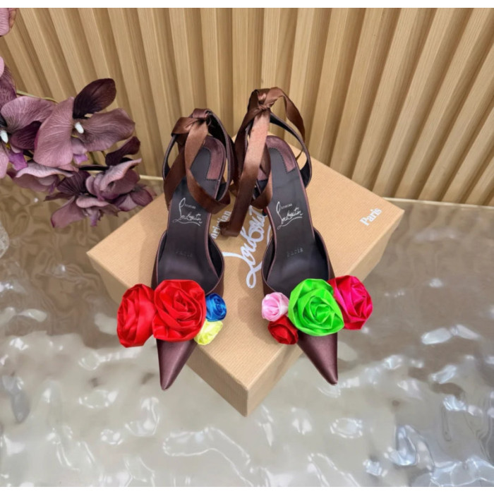 Christian Louboutin Burgundy Satin Multicolor Fabric Flower 100mm Stiletto Heel Slingback Pumps