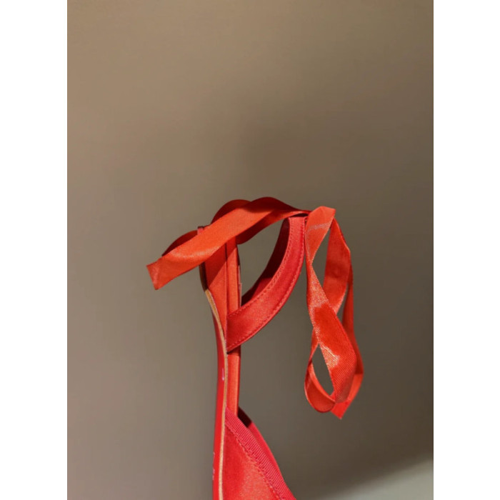 Christian Louboutin Red Satin Bow Tie‑Ankle Flat Ballet Sandals