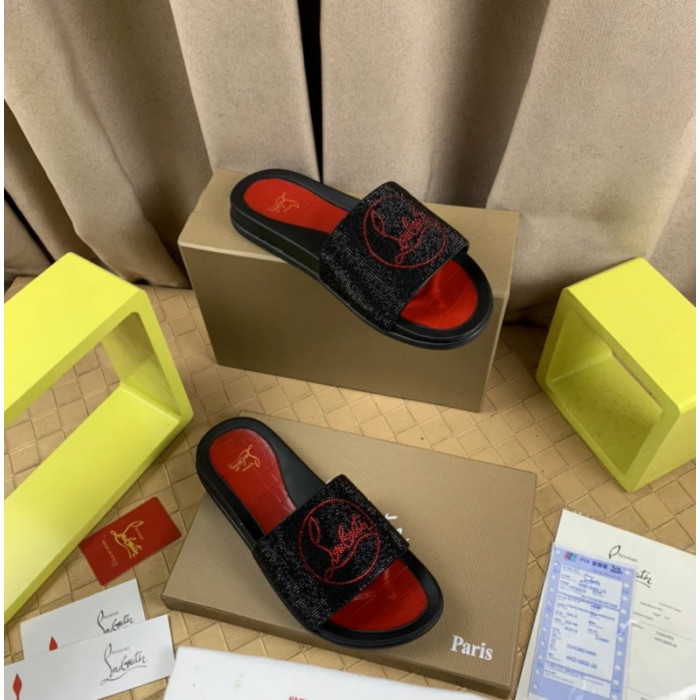 Christian Louboutin Black Crystal Slide Sandals Red Rhinestone Circular Logo