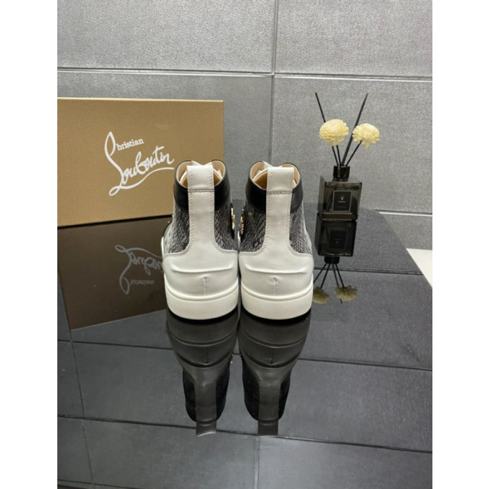 Christian Louboutin Grey Snake‑Print Gold‑Spiked High‑Top Sneakers