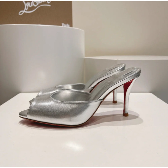 Christian Louboutin Silver Metallic Peep‑Toe Stiletto Heel Mules