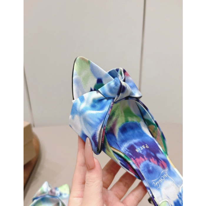 Christian Louboutin Blue Watercolor‑Print Satin Bow Mule Kitten Heel Sandals 55mm heel