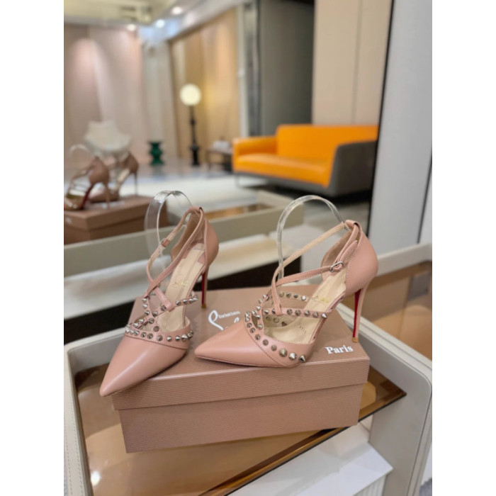 Christian Louboutin Nude Leather Spiked Crisscross Strap Pointed‑Toe High‑Heel Pumps