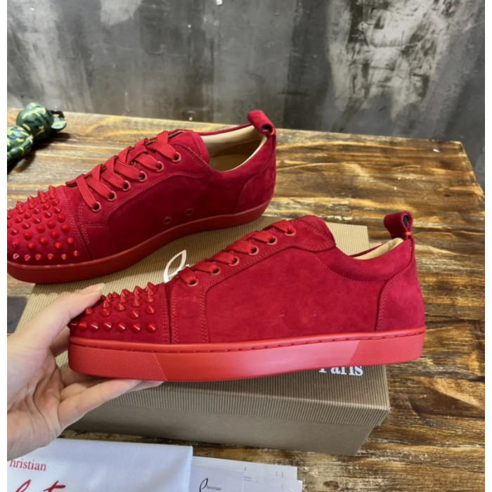 Christian Louboutin Red Suede Monochrome Spiked Low‑Top Men’s Sneakers