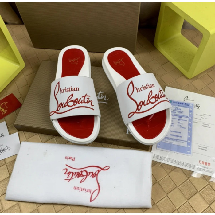 Christian Louboutin White Rubber Slide Sandals Red Signature Script Logo