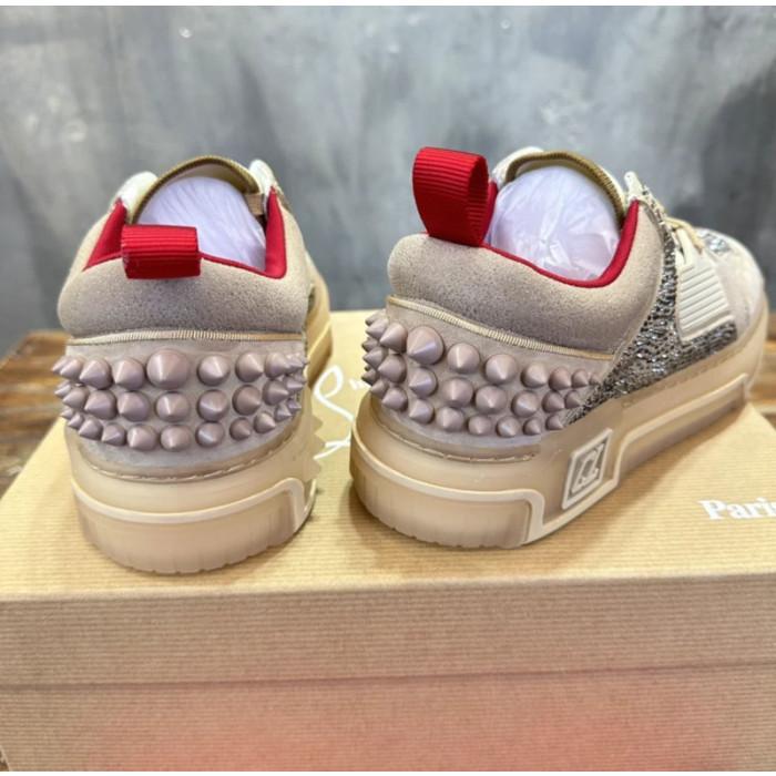 Christian Louboutin Beige Suede Crystal Spiked Platform Low‑Top Sneakers