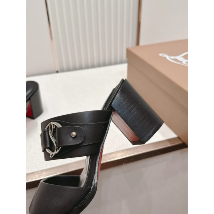 Christian Louboutin Black Leather Block‑Heel Buckle Mule Sandals