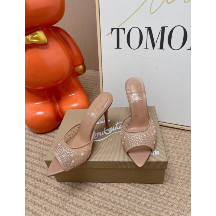 Christian Louboutin Nude Mesh Pearl Crystal‑Embellished 100mm Pointed‑Toe Stiletto Heel Mules