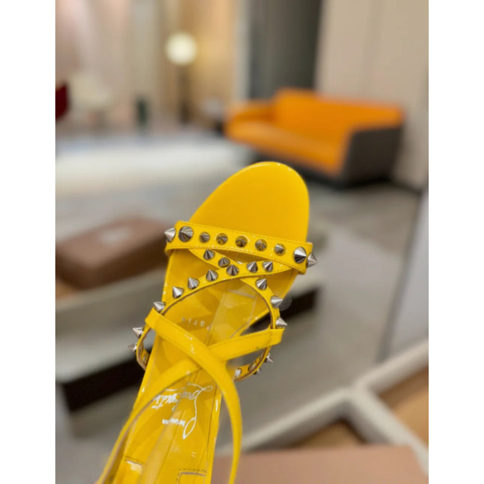 Christian Louboutin Yellow Patent Studded Crisscross Ankle‑Strap Open‑Toe 100mm Stiletto High Heel Sandals