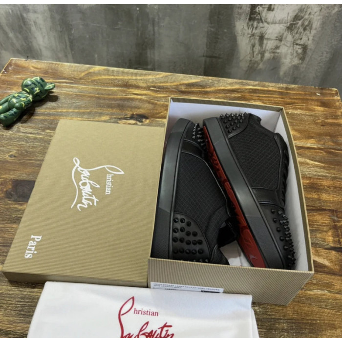 Christian Louboutin Black Mesh Leather Black‑Spiked Low‑Top Sneakers