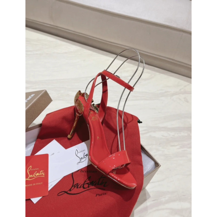 Christian Louboutin Red Patent 100mm Gold‑Sculpted Heel Ankle‑Strap Sandals