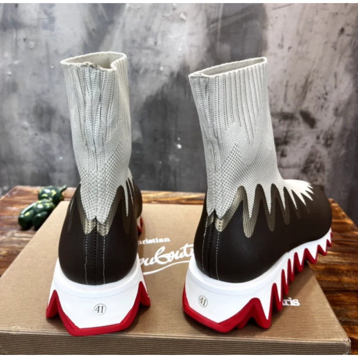 Christian Louboutin Beige‑Brown Knit Sock‑Style Shark‑Tooth Sole High‑Top Sneaker Boots