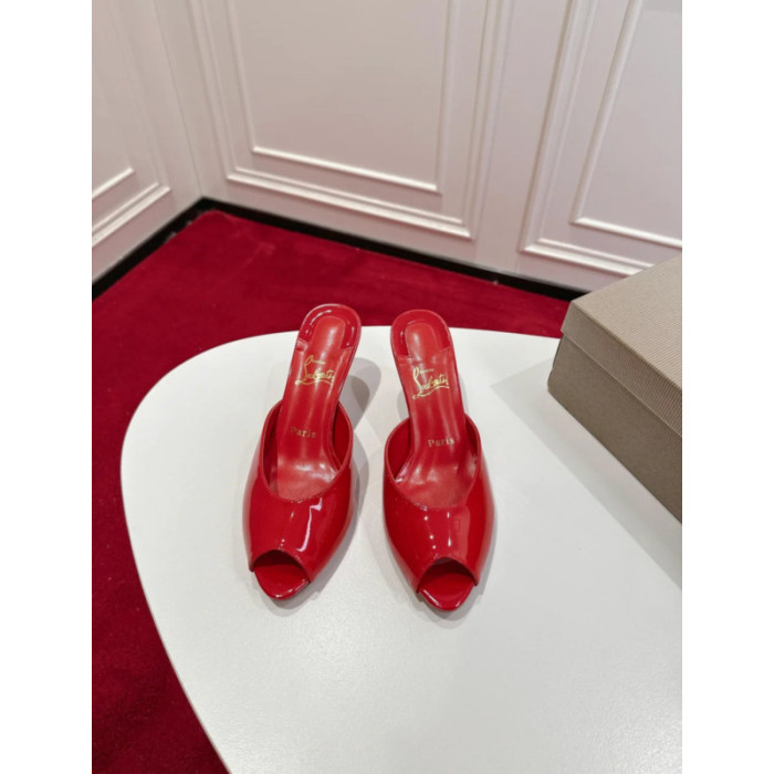 Christian Louboutin Red Patent Peep‑Toe Kitten Heel Mules