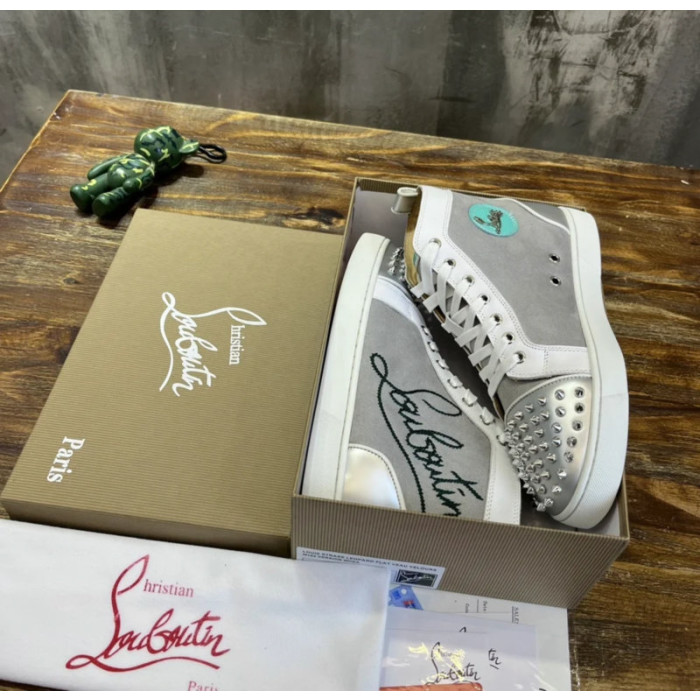 Christian Louboutin Grey Canvas Silver Spiked High‑Top Sneakers
