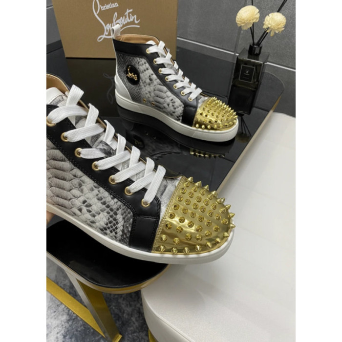 Christian Louboutin Grey Snake‑Print Gold‑Spiked High‑Top Sneakers