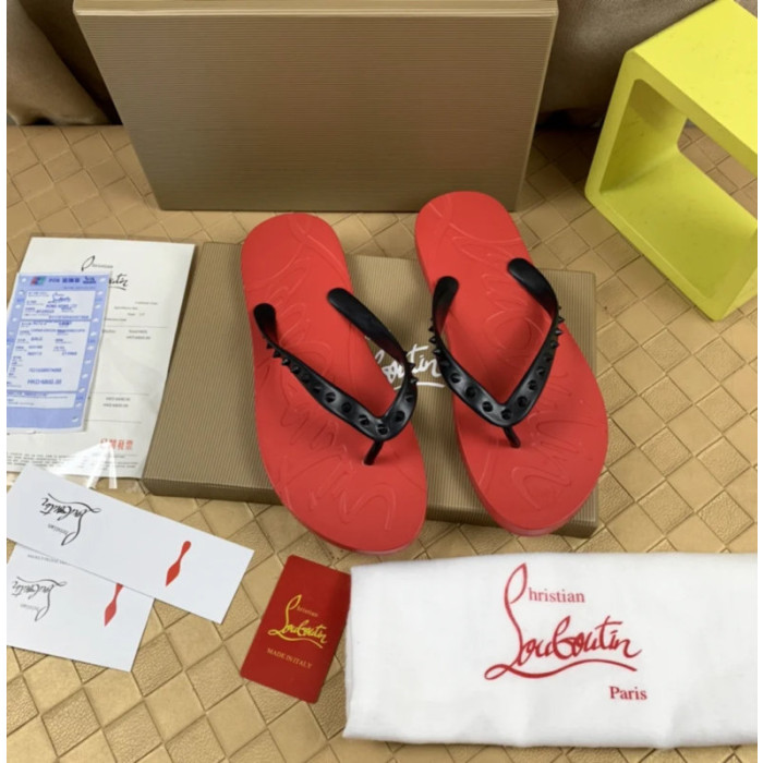 Christian Louboutin Red Embossed‑Logo Studded Flip‑Flop Sandals