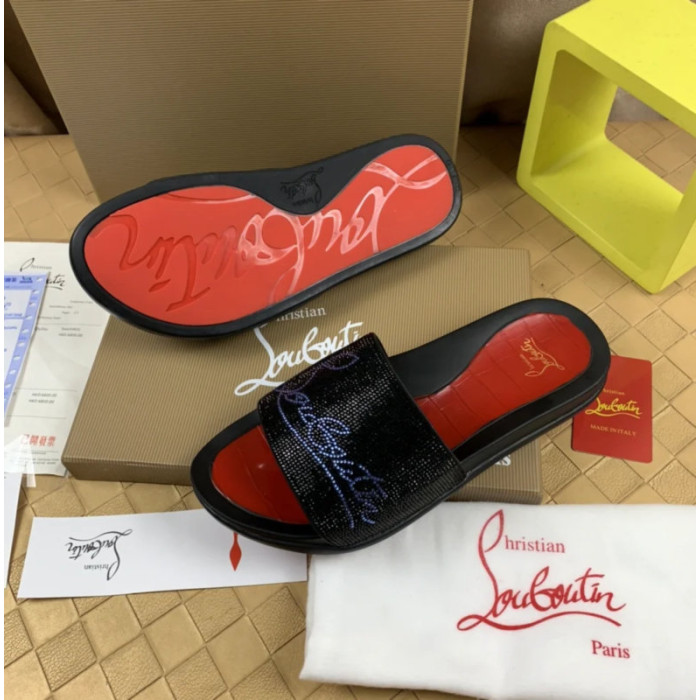 Christian Louboutin Black Slide Sandals With Blue Crystal Logo