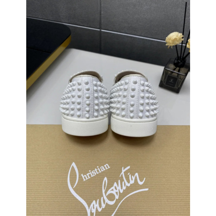 Christian Louboutin White Suede All‑Over Spiked Slip‑On Loafers